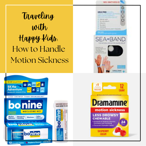 blue box of bonine, a yellow box of dramamine and a shite box of sea bands