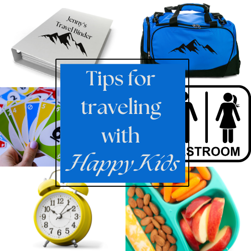 a grey binder, a blue bag, uno cards, bathroom sign, a yellow clock , red slice apples and carrots