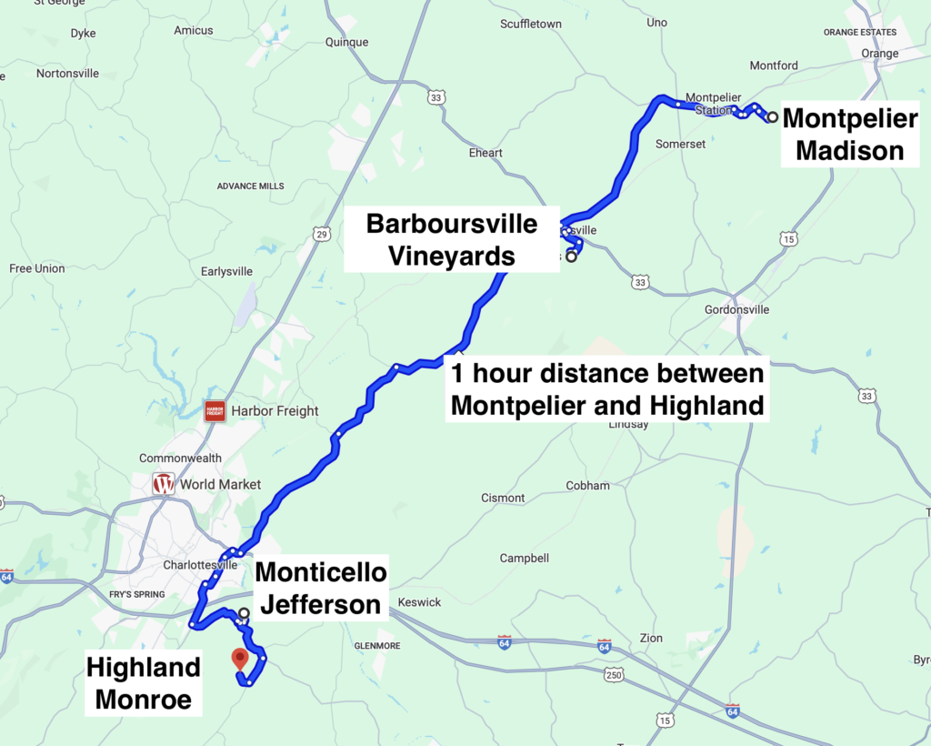 A map showing the distance between Montpelier and Highland