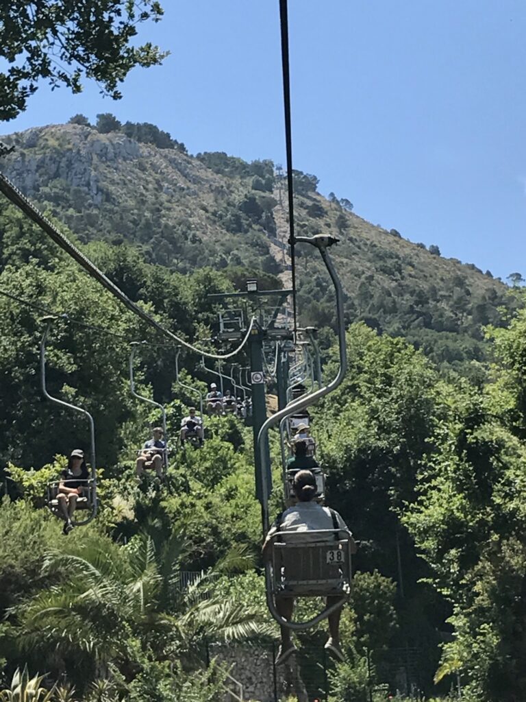 A ski lift up a mountain in the summer