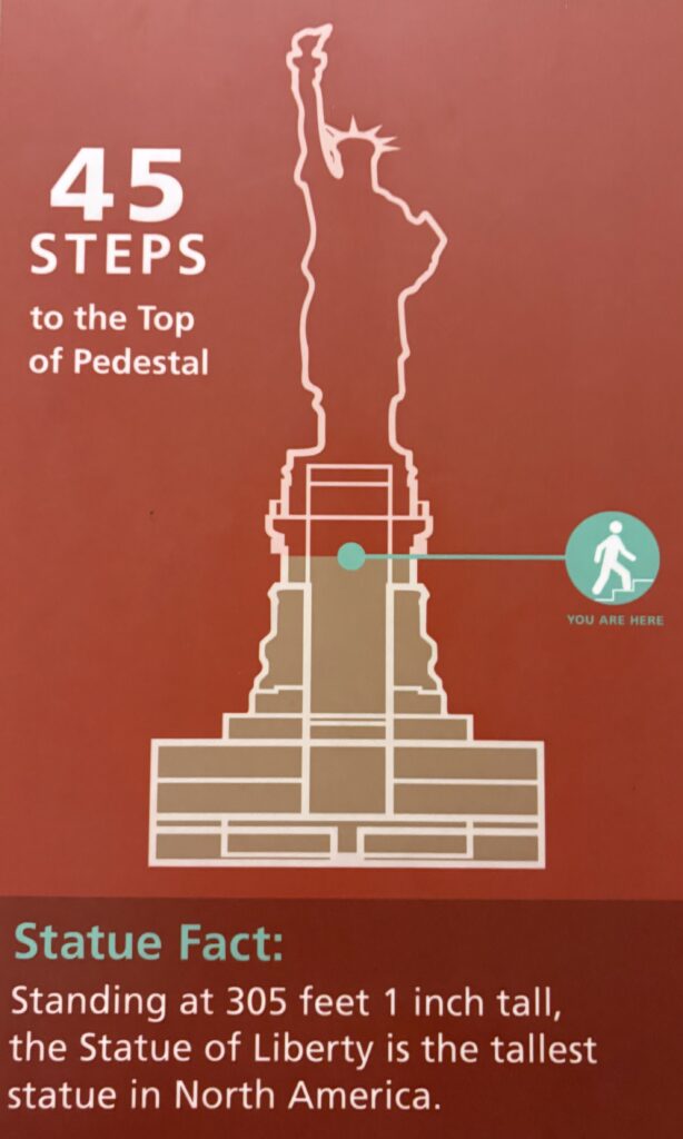 A sign with the Statue of Liberty on it with information